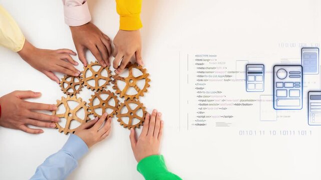 A diverse group of hands reaches for wooden gears, blending the concepts of collaboration and coding. This image symbolizes teamwork and innovative solutions in a modern workspace. Raster
