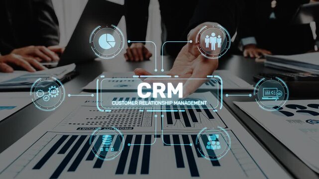 A professional environment showcasing customer relationship management concepts with charts and visuals presented on a conference table during a strategic meeting. Raster
