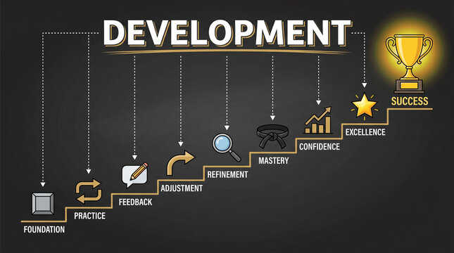 Development process chart on blackboard, business success staircase with icons, professional growth and skill mastery concept