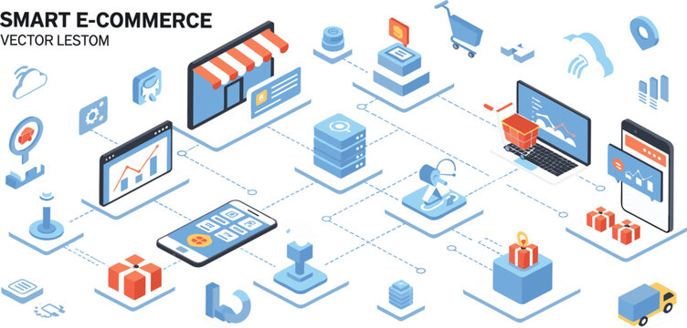 Smart E Commerce Isometric Illustration with Online Store, Mobile Shopping, Digital Payment, Data Network, Logistics, and Automation Technology for Modern Retail Business and Marketing Design