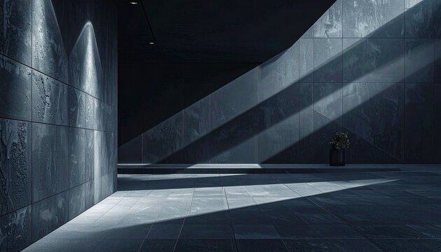 スポット照明でドラマチックな影が生まれるダーク建築空間