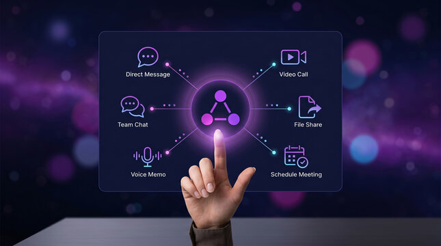 Digital communication interface with collaboration icons, futuristic virtual screen for remote work, neon glowing unified messaging dashboard