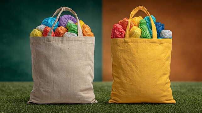 Two sturdy fabric tote bags, one neutral and one yellow, stand on grass brimming with bright crumpled paper, highlighting eco-friendly shopping, branding, and sustainable lifestyle themes.