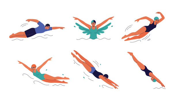 Diverse Swimmers & Divers Vector Set: Freestyle, Butterfly, Backstroke, Breaststroke, and Diving Poses. Flat Design Sports Illustration.