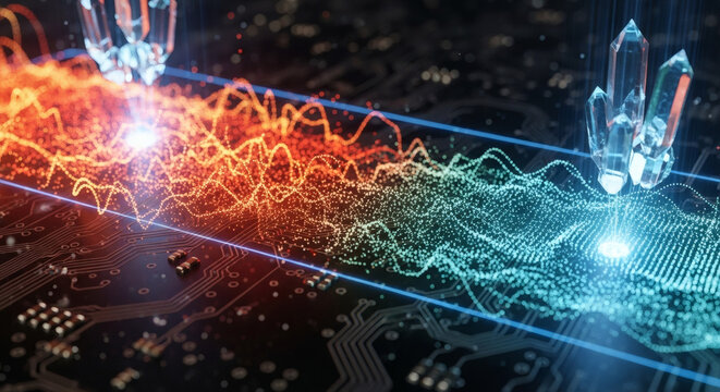 Digital energy transfer visualized through crystal conduits on a futuristic circuit board
