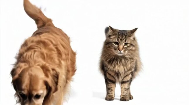 Golden retriever dog and tabby cat sitting isolated on white background