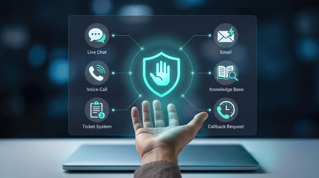 Cybersecurity customer support interface, digital help desk icons for live chat and email, secure technical assistance and data protection concept