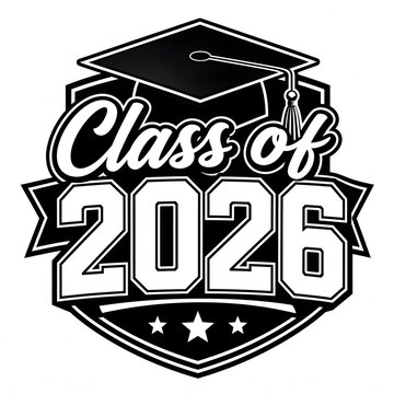 Class of 2026 black and white graduation badge with cap and stars