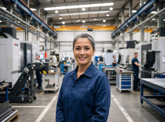 Fototapeta premium Smiling middle aged woman worker in a modern manufacturing plant. Professional female factory manager in blue uniform standing on an industrial production floor. Women in industry concept