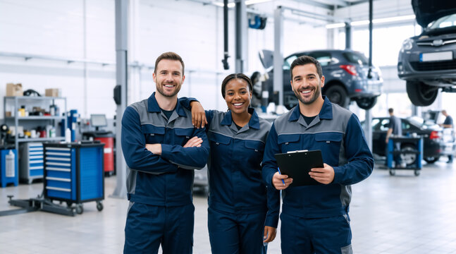 Diverse team of smiling auto mechanics standing in a modern car repair shop. Professional men and woman workers in blue uniforms holding a clipboard. Automotive service and teamwork concept