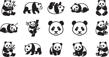 Set of cute cartoon black and white animal icons featuring a cat, panda, bear, and wild zoo wildlife in a funny vector illustration © TAHSIN