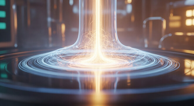 Luminous energy column rising from a concentric light platform, radiating dynamic light waves in a high-tech abstract environment, symbolizing futuristic power and data flow