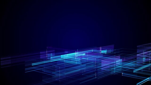 Neon grid digital city background with cyan and purple wire layers, dark space, and futuristic perspective. Perfect for smart city videos, data maps, tech intros, and virtual overlays.