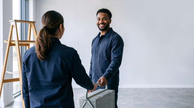 Smiling black male maintenance worker handing a metal toolbox to a female colleague. Diverse team of contractors in blue uniforms in an empty room with a ladder. Home renovation and repair concept