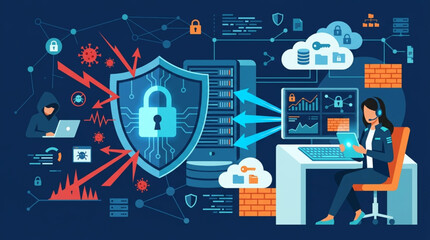 Cybersecurity concept with shield and data flow. © Azhaa