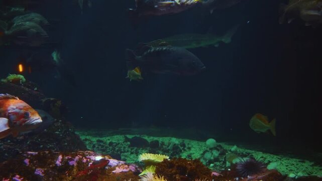 Footage of an upside down jellyfish, also known as Cassiopea, resting on the sandy bottom of an aquarium tank. The jellyfish's bell faces downwards, and its frilly oral arms, which contain symbiotic a