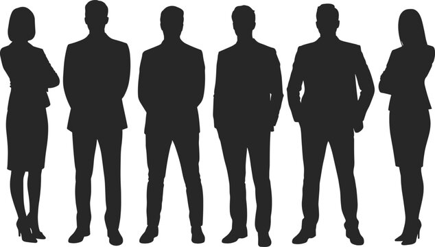 WebBusiness team silhouettes standing together in corporate professional attire illustration, flavector