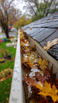 Gutter overflowing with leaves and tree debris, attached to the roof of a house with asphalt shingles	- gutters needing to be cleaned in the fall to prevent rain overflow 