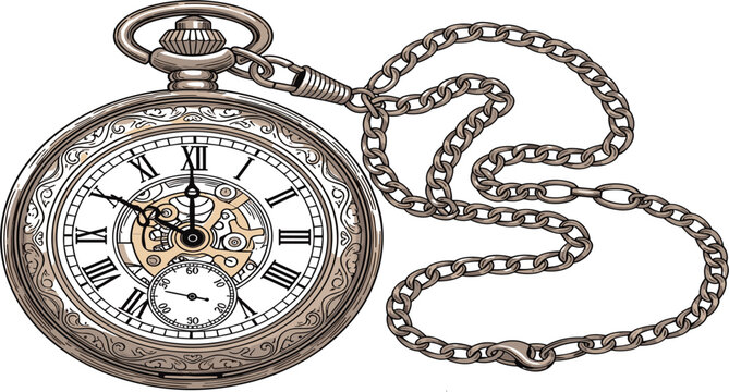 Vintage Pocket Watch Illustration with Antique Engraved Case Roman Numerals and Chain for Classic Timekeeping, Retro Style, and Luxury Accessory Design Projects