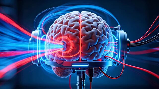 Human brain model surrounded by red and blue technological devices in sci fi scene