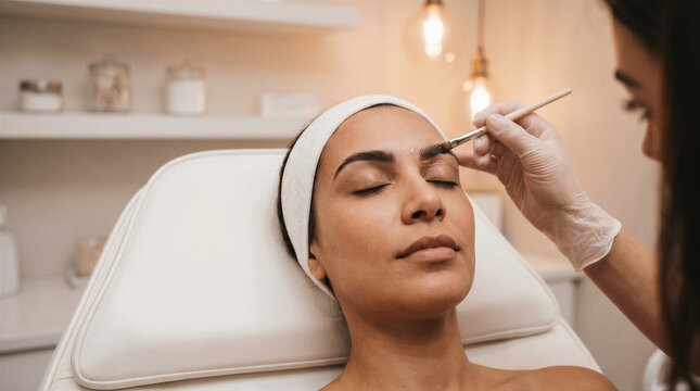 Professional eyebrow tinting or lamination procedure in a beauty salon, closeup of a beautician applying product to a clients brow
