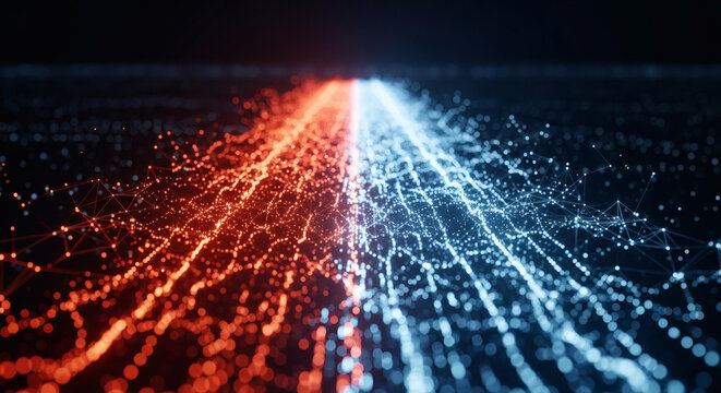 Abstract Digital Network Representing Data Flow and Connectivity with Red and Blue Particles