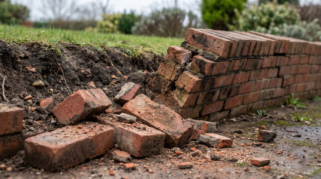 A damaged and crumbling low brick garden wall in a residential yard, showing signs of weathering, erosion, and structural failure