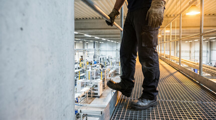 Fototapeta premium Industrial worker standing on a metal catwalk overlooking a factory floor with machinery and conveyor belts in a manufacturing facility