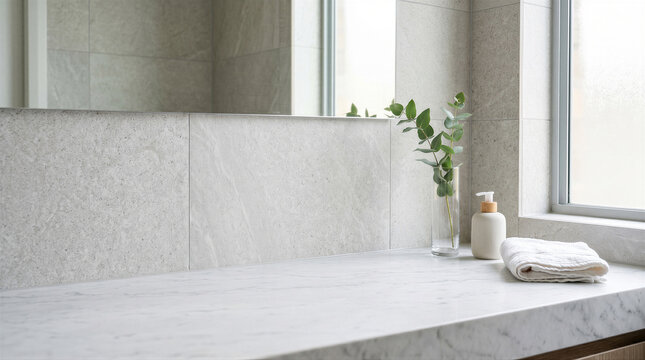 Modern bathroom vanity countertop with marble surface, stone tiled wall, mirror, eucalyptus plant in glass vase, soap dispenser and towel