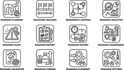 Obraz premium Set of roadmap planning and project management line icons.