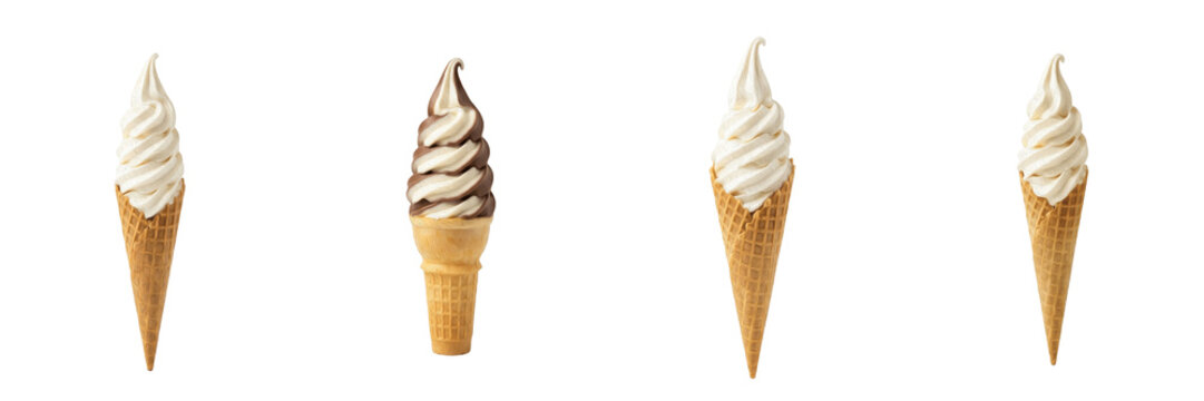 Set of Tall Waffle Ice Cream Cones with Chocolate and Vanilla Flavors Isolated on White Background, PNG