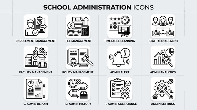 Set of school administration icons for education management systems.