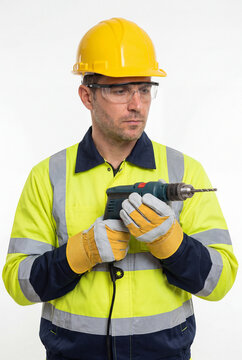 Half-body worker slightly leaning forward as if explaining something, natural expression, wearing proper workwear