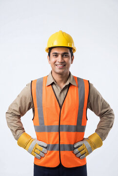 Half-body worker slightly leaning forward as if explaining something, natural expression, wearing proper workwear