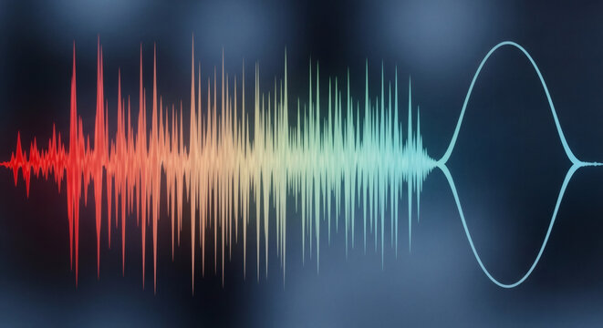 Dynamic digital sound wave visualization representing audio frequency spectrum, abstract musical rhythm data display, and colorful acoustic waveform analysis graphic