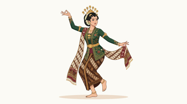 Javanese female dancer vector performing traditional dance in kebaya and batik costume, elegant pose, clean flat design, soft colors, isolated character, high detail.