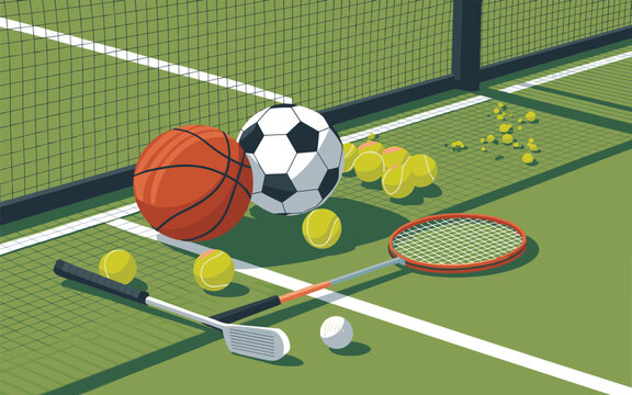 Sports equipment scattered on a tennis court with racket and balls