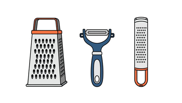 Kitchen Food Preparation Tools Set: Grater, Peeler, Zester Flat Design Illustrations