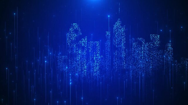 Futuristic smart city data background with glowing blue skyscrapers, falling lines, pixel dots, and deep technology atmosphere. Perfect for urban innovation videos, AI systems, and overlays.