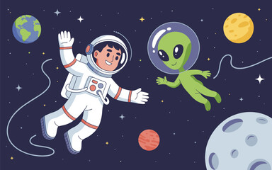 Fototapeta premium Astronaut and alien float in space with planets and stars visible.