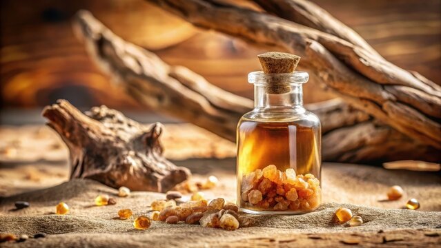 A closeup of a bottle filled with myrrh gum, surrounded by dry tree bark and golden sand, against a sandy background, capturing the natural beauty an