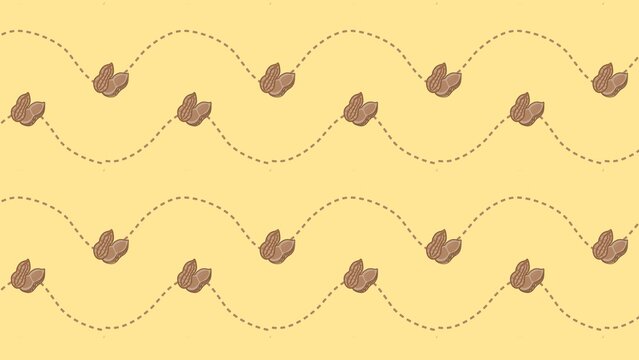 A seamless pattern featuring hand-drawn peanuts arranged along a flowing wavy dashed line on a warm beige background.  Doodle style for food packaging, snack branding, textile prints, wallpaper 