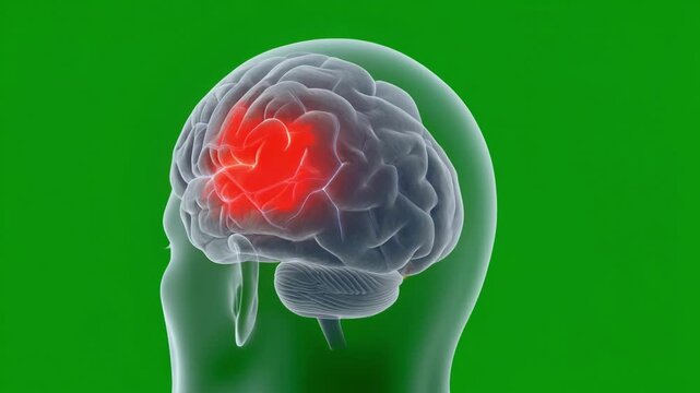 Detailed 3D brain with highlighted stroke region glowing red, visible neural pathways, 4K video
