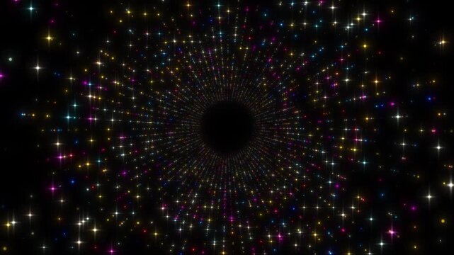 Colorful sparkle vortex loop with bright star glints, dark circular center, and rainbow particle depth. Perfect for festive videos, dance titles, magic intros, and energetic overlays.