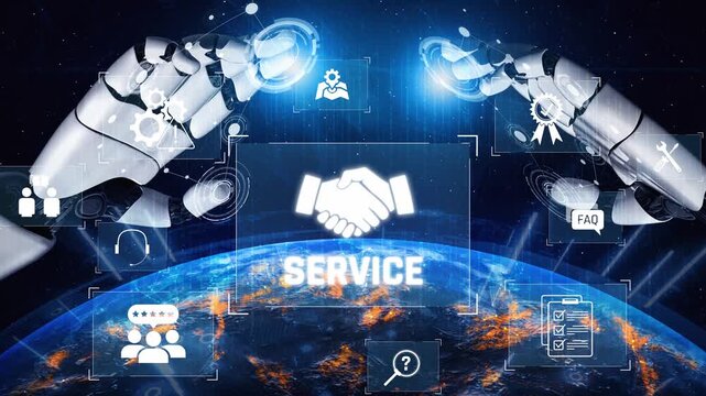 AI-assisted support system for business services showing hands-on process, communication, and teamwork icons Marrow