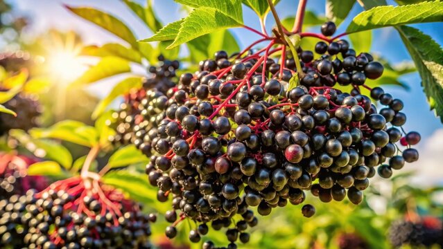 A photo of ripe elderberries on the tree