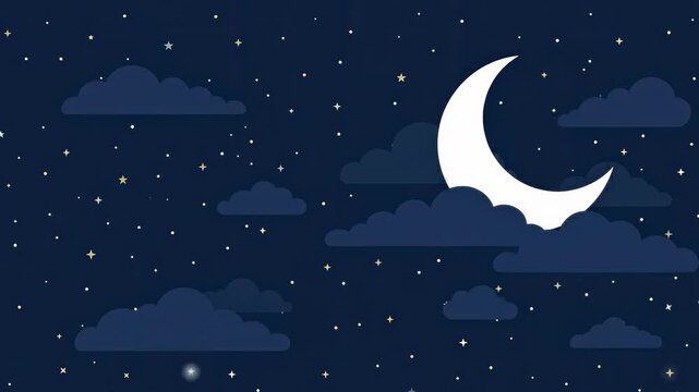 Beautiful Animated Night Sky with Crescent Moon and Clouds, Peaceful Scene.