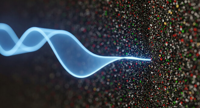 Dynamic blue energy wave propagating through a dense, colorful particulate field, symbolizing data flow, scientific discovery, or advanced technology