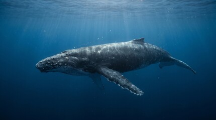 Fototapeta premium Majestic humpback whale glides through clear blue ocean water with sunbeams filtering from above.