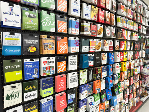 Walled Lake, Michigan, US - May 2, 2026: A stand with gift cards of different services and companies at Target department store.